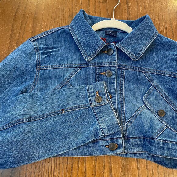 Y2K Cropped Denim Jean Jacket Destiny Jeans Large Blue Festival Streetwear Retro - Picture 3 of 10